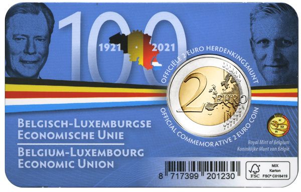 BU : 2 EURO COMMEMORATIVE 2021 : BELGIQUE - UNION ECONOMIQUE AVEC LE LUXEMBOURG (Version flamande)