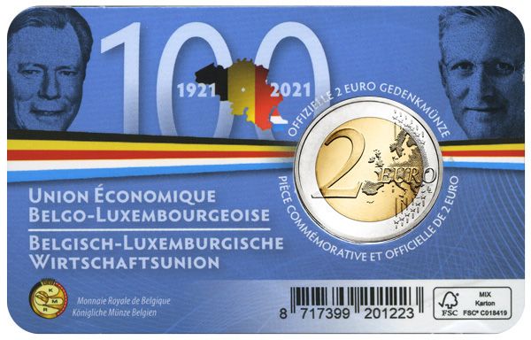 BU : 2 EURO COMMEMORATIVE 2021 : BELGIQUE - UNION ECONOMIQUE AVEC LE LUXEMBOURG (Version francophone)