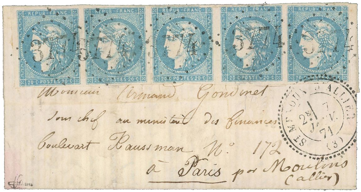 France : Boules de Moulins n° 44B obl. sur lettre