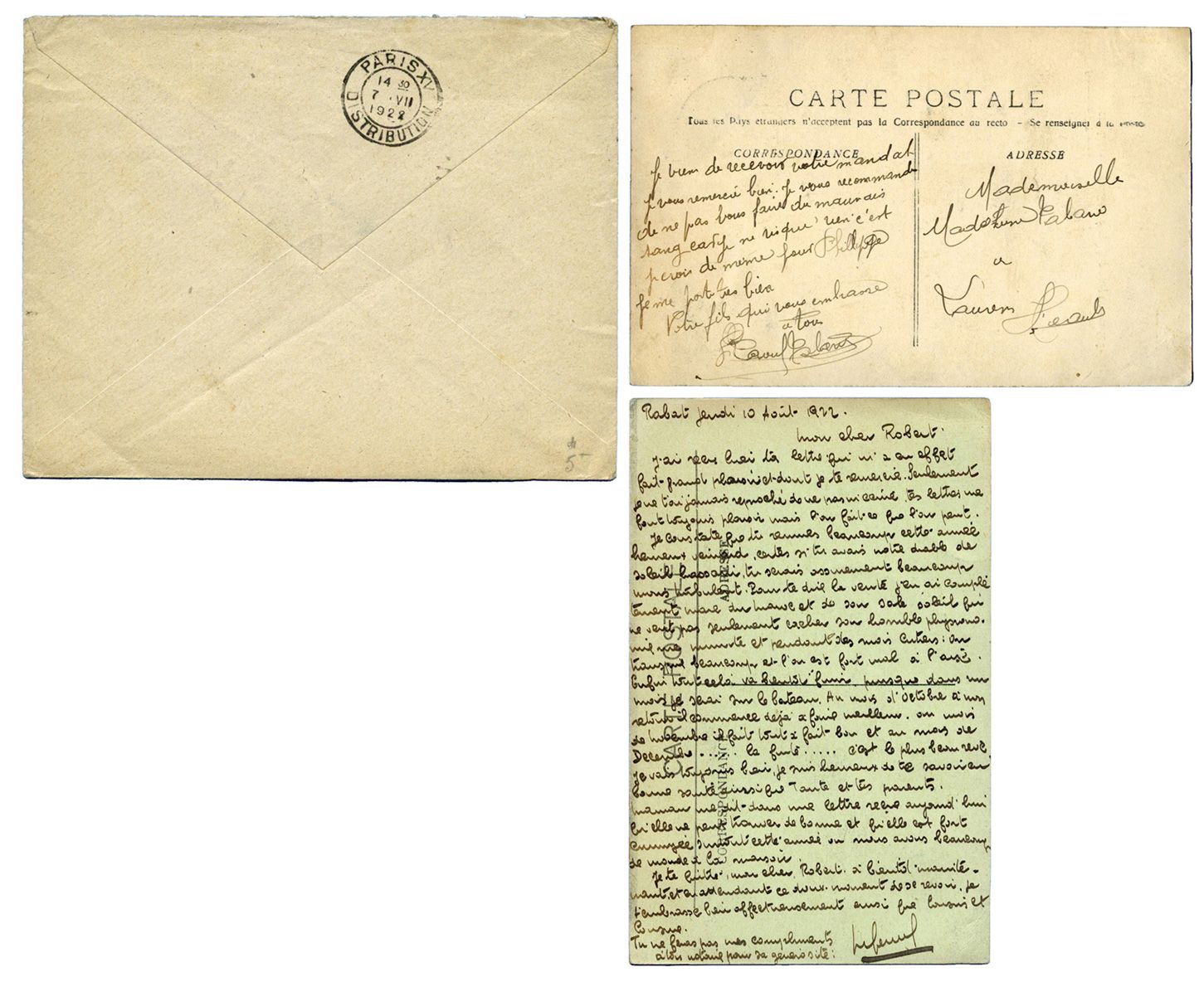 Maroc : Ensemble de 2 CPA obl. du bureau Anglais 1907, bureau français 10/AOUT/22 + enveloppe avec Càd RABAT R.P. 1/7/22 + cachet violet TROUPE D´OCCUPATION DU MAROC