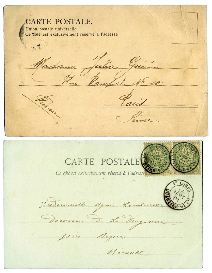 France : Poste Militaire - Càd 1er CORPS / QUARTIER GENERAL 15 SEPT 01 sur CPA adressée à BEZIERS et CORRES D´ARMEES / BEYROUTH 2/JUIN/09 sur CPA pour PARIS