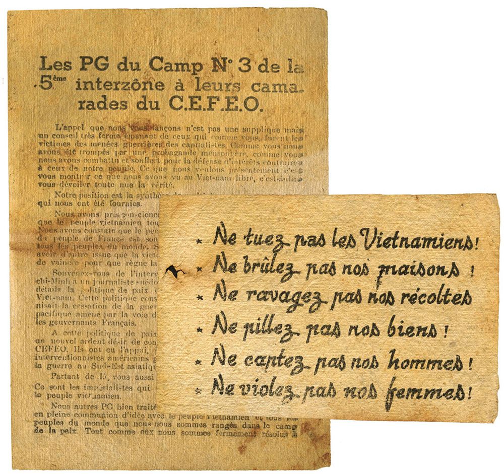 Vietnam : Guerre au VIETNAM. Ensemble de 2 tracts américains et français contre la Guerre au Vietnam appelant les peuples Français et Africain à lutter pour le rapatriement du CEFEO et la PAIX au Viet