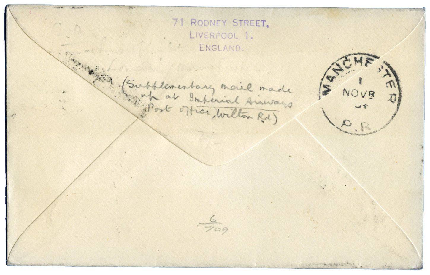 Grande-Bretagne : Lettre postée à LONDRES le 31 oct. 1934 pour MANCHESTER