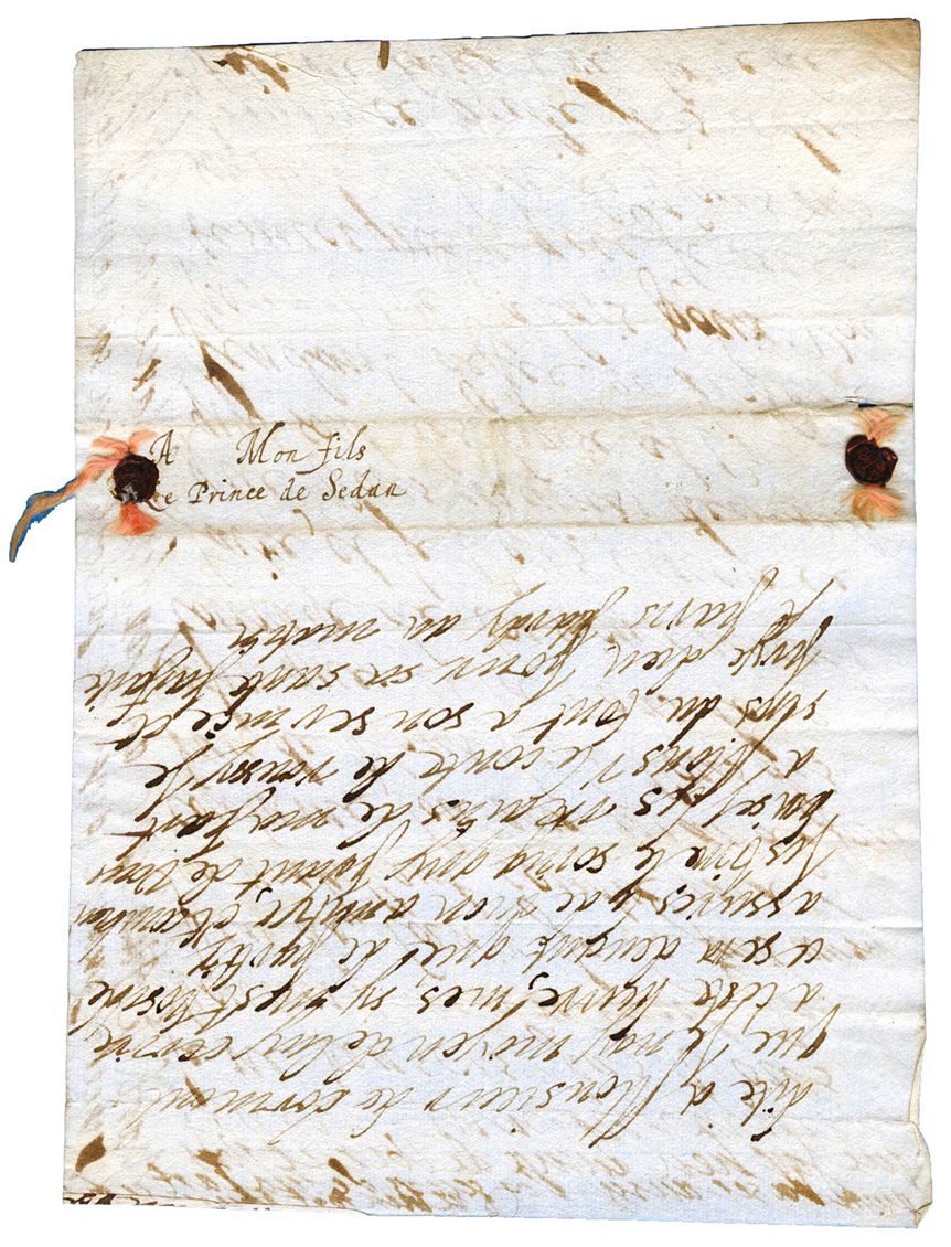 France : FERMETURE DE LETTRE. L.A.S. d´Elizabeth de NASSAN au Prince de SEDAN, son fils. Cachet de cire et fils de soie floche rose.