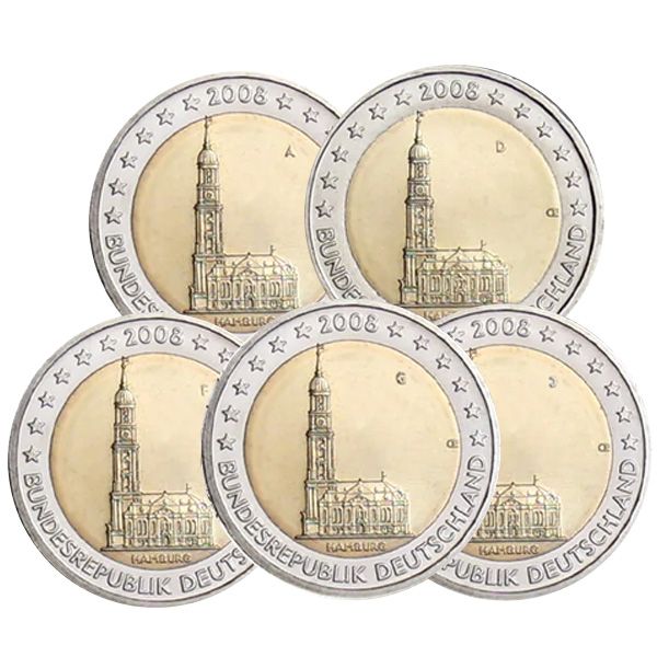 2 EURO COMMEMORATIVE 2008 ALLEMAGNE (Eglise d´Hambourg - les 5 pièces)