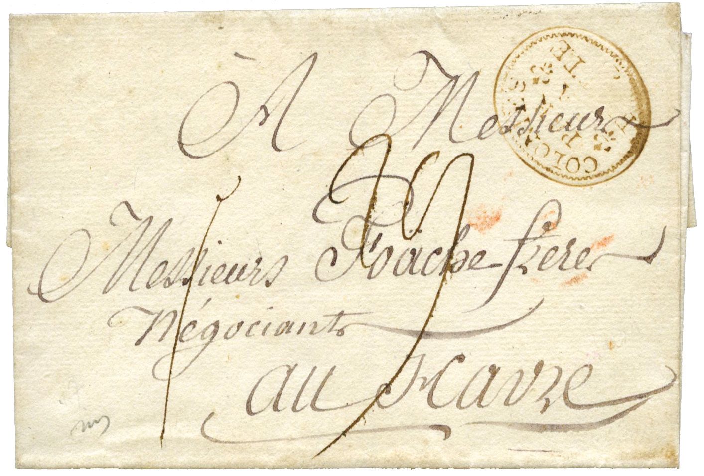 France : Lettre avec cachet orné COLONIE PAR LA FLOTTTE sur lettre sans texte pour le Havre.