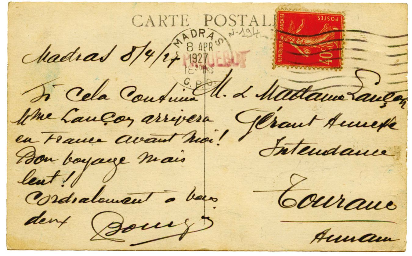 France : n°194 obl. mécanique de MADRAS / G.P.O. 8/APR/1927 + griffe PAQUEBOT en rouge sur CP pour TOURANE