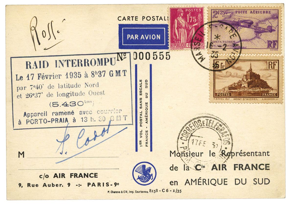 France : 16-2-35. Carte postale spéciale du Raid France Amérique du Sud interrompu à Porto-Praïa avec signatures de Codos et Rossi (MULLEr N°344)