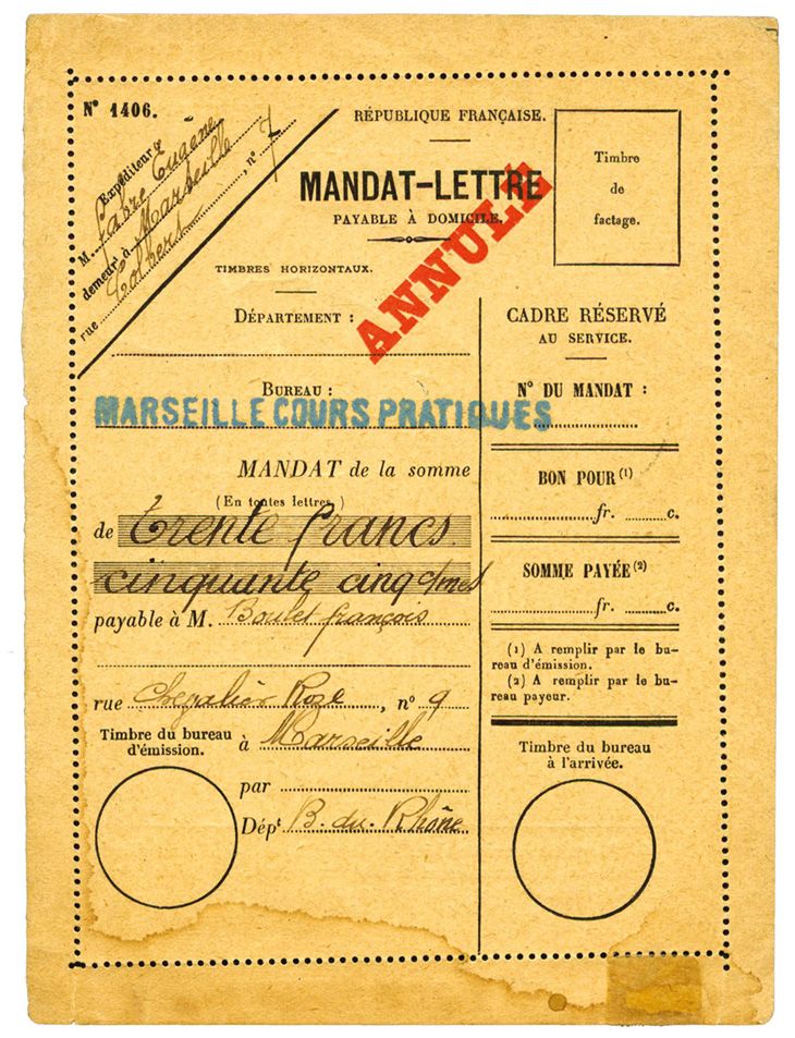 France : Mandat lettre non plié de 1923 avec surcharge ANNULE en rouge + cachet MARSEILLE / COURS PRATIQUES