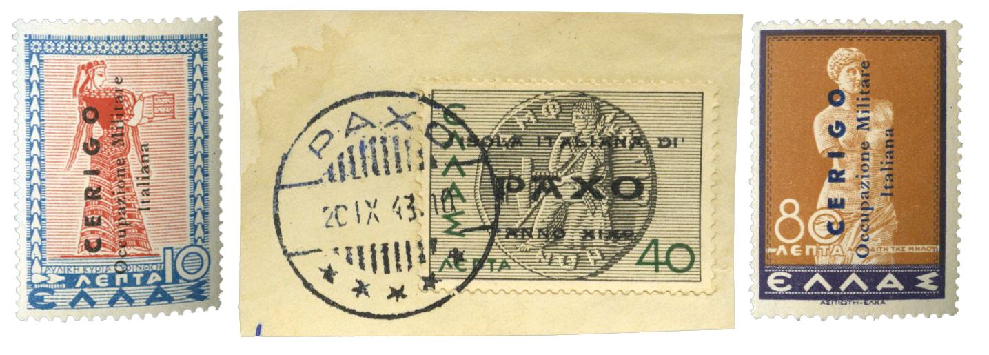 Occupation italienne   : Timbres grecs surchargés Paxo Cythère, 2 ex.** + 1 obl.