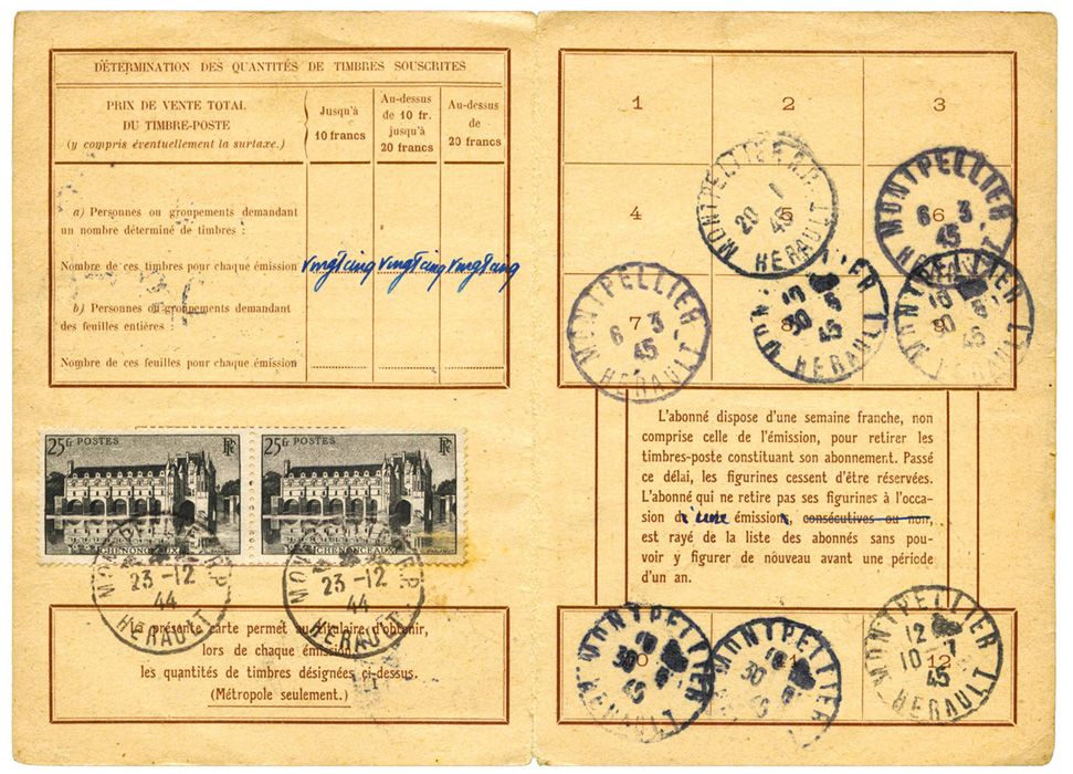 France : n°611 en paire obl. càd MONTPELLIER 23/12/44 sur carte d´abonnement aux timbres-poste