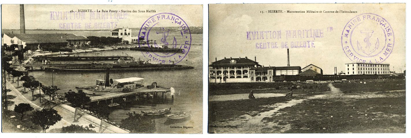 Tunisie : 2 CPA de Bizerte avec cachet violet AVIATION MARITIME/CENTRE DE BIZERTE + cachet ANCRE MARINE