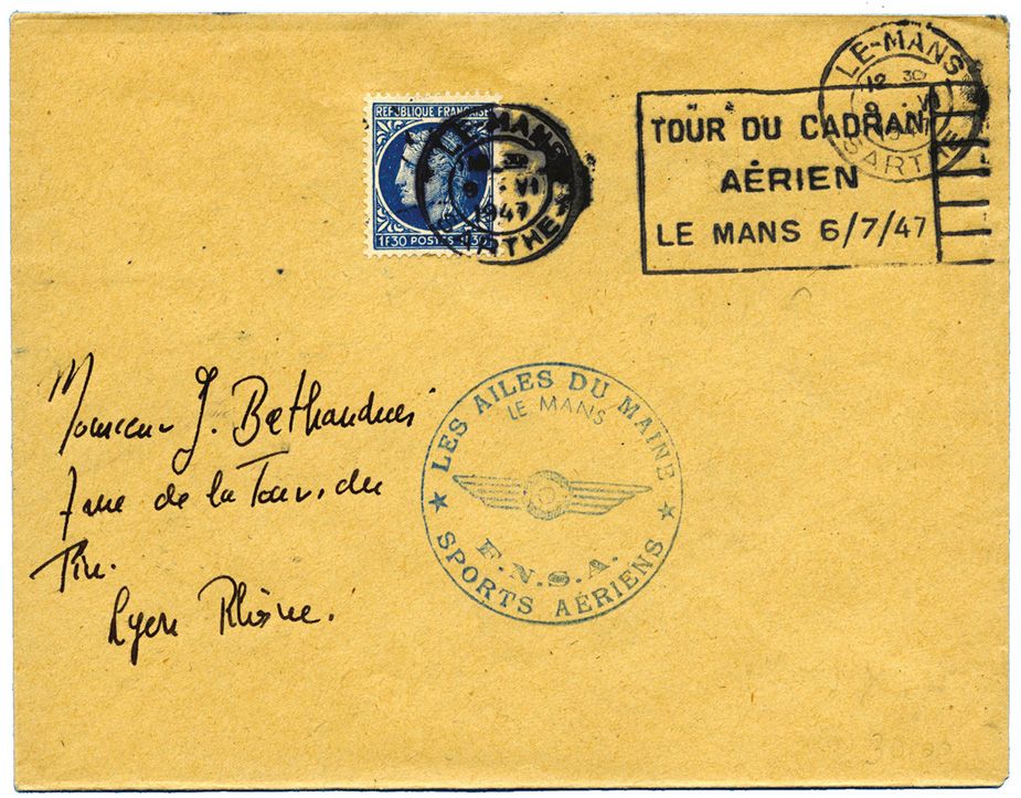 France : n°678 obl. mécanique LE MANS/TOUR DU CADRAN/AERIEN/LE MANS 6/7/47 + cachet spécial en bleu