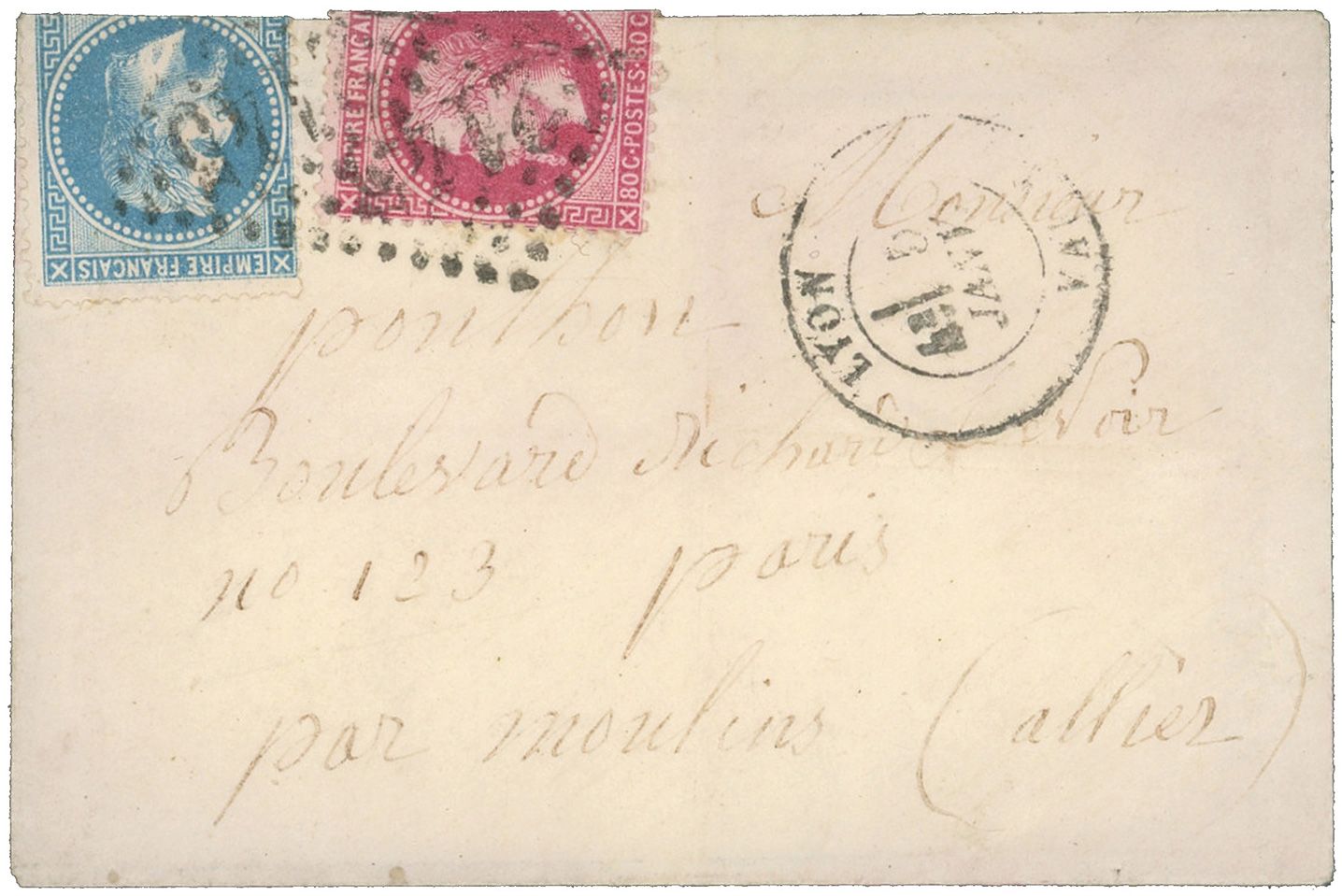 France : Boules de Moulins n° 29B et 32 collés à cheval, obl. sur lettre