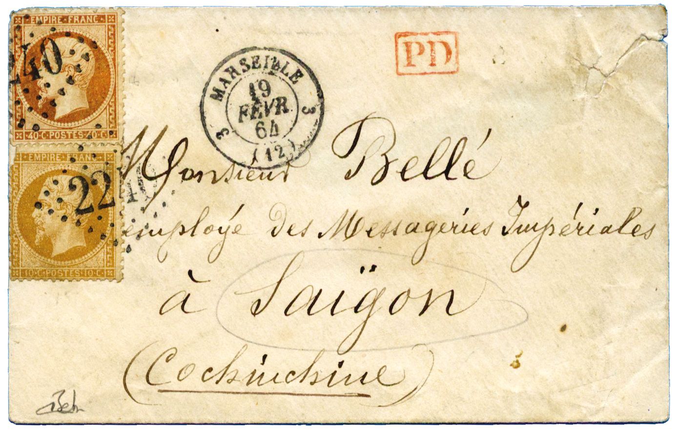 France : n° 21, 23 obl. sur lettre pour Saïgon