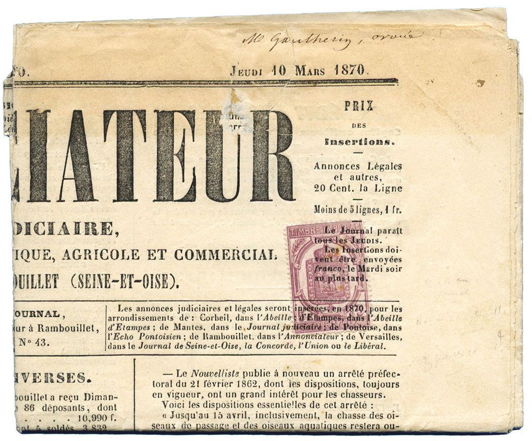 France : n° 10 obl. Typo sur journal entier de MARS 1870