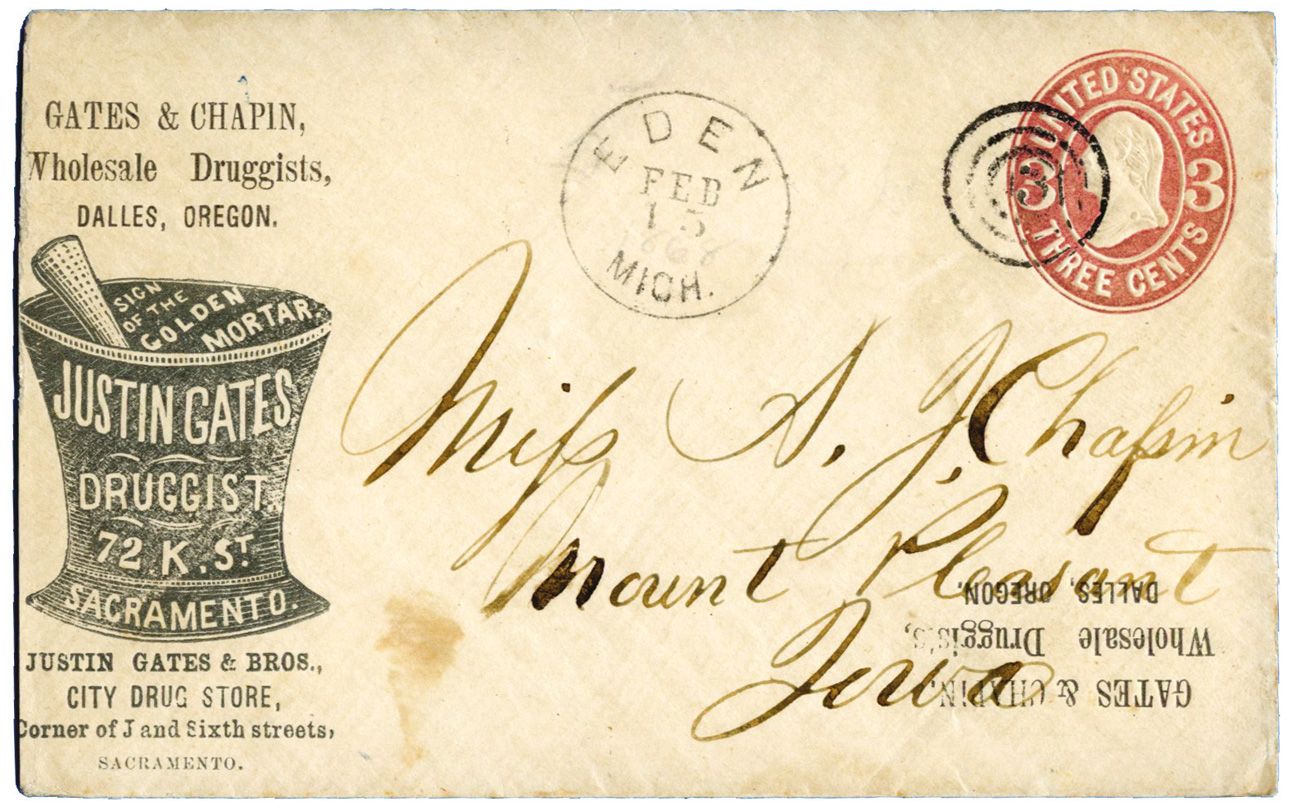 États-Unis : Entier Postal 3 cents brun obl. Bouchon + Cad EDEN 15 FEV TSC GATES & CHAPIN / JUSTIN GATES / DRUGGIST en local