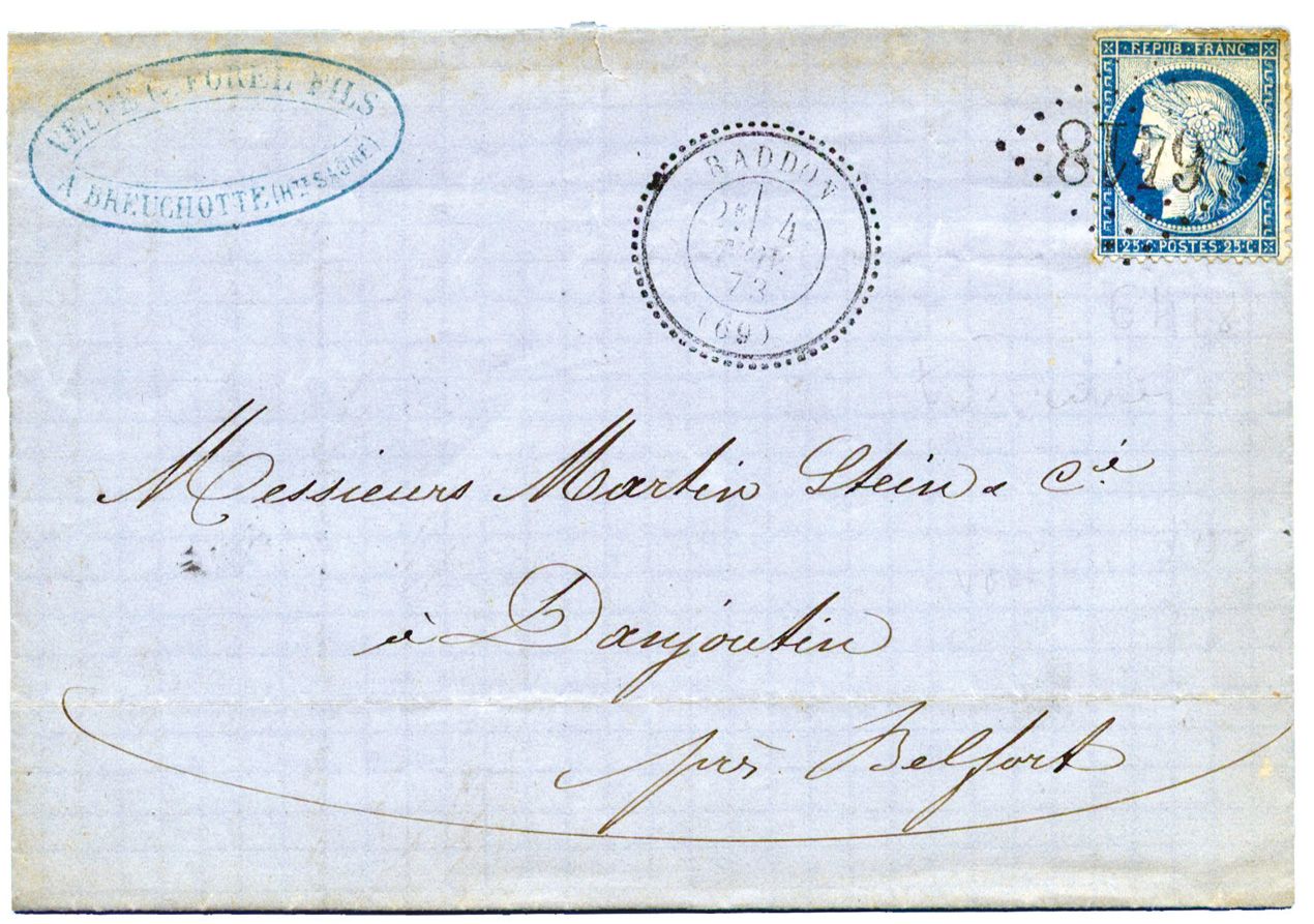 France : n° 60 obl. GC 6418 de RADDON pour DANSOUTIN (1873)