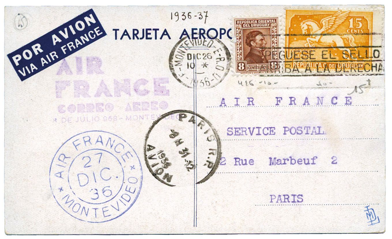Uruguay : Carte du jour de l´an d´AIR France de MONTEVIDEO 27/DEC/36 pour PARIS