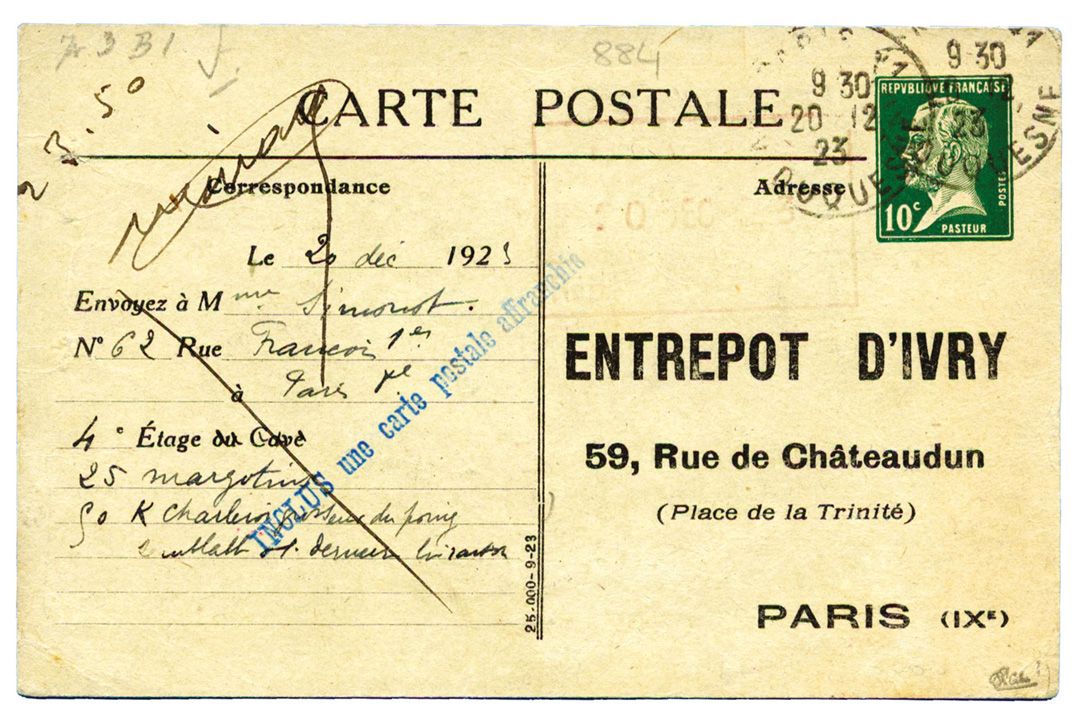 France : Entier Postal 10 c. vert Pasteur TSC ENTREPOT D´YVRY (1923)