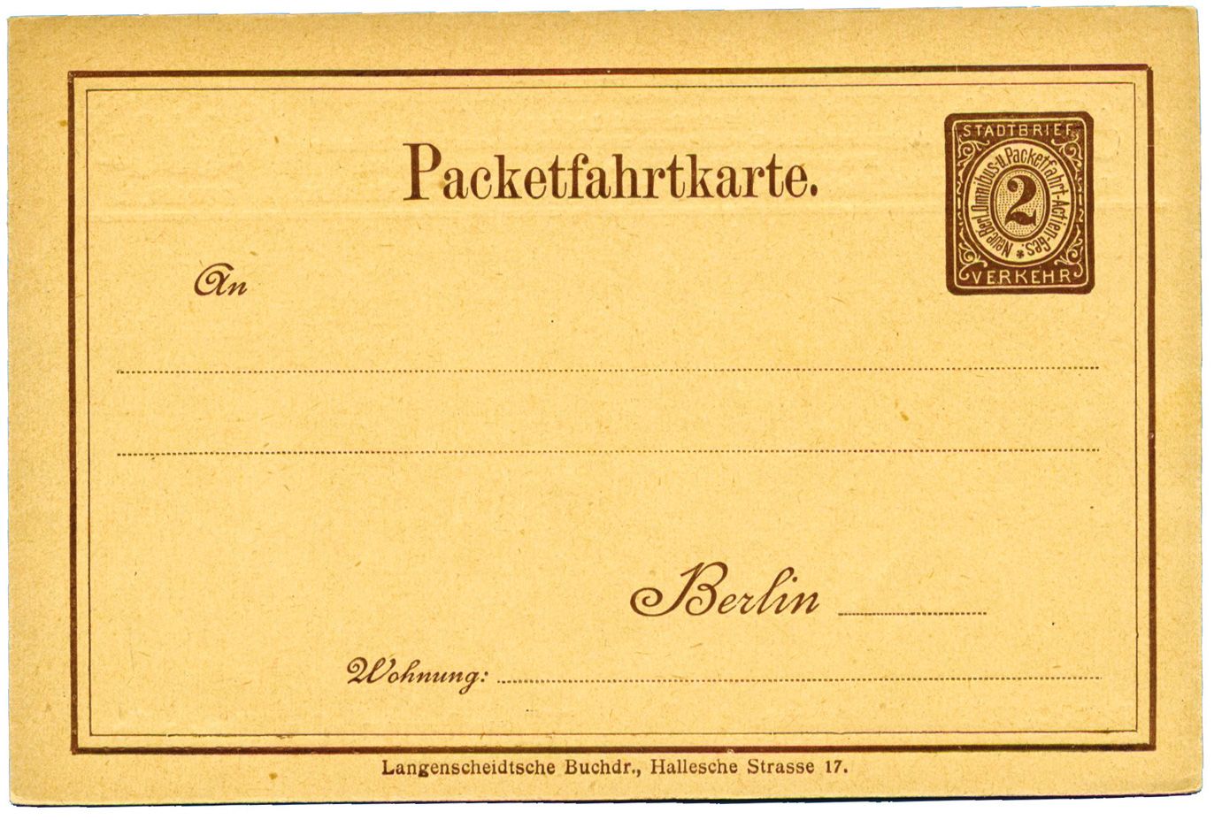 Allemagne : Poste locale BERLIN, Entier Postal 2 Pf.brun de 1885 timbré sur commande