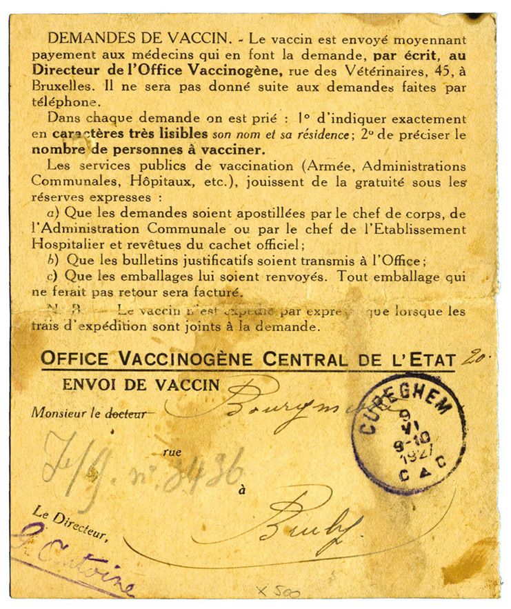 Belgique : Coupon d´envoi de Vaccin en formulaire de port
