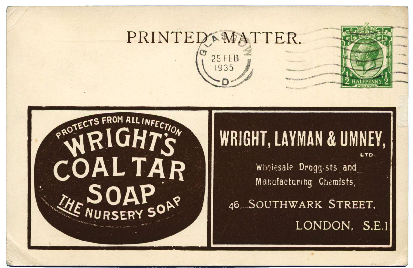 Grande-Bretagne : Entier Postal Half penny vert TSC Wright, Layman & Umney - Coal Tar Soup