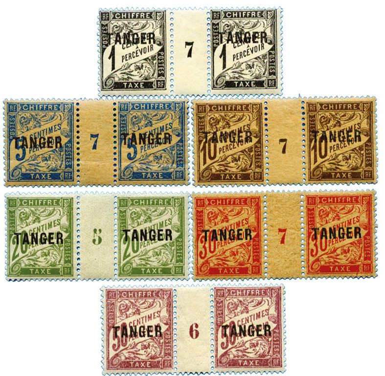 Maroc : Taxe n° 35/37 et 40** en paire mill. 7, n° 39** en paire mill. 5 et 41** en paire mill. 6