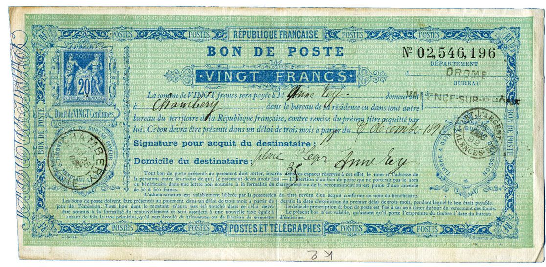 France : Bon de Poste de 20 Frs obl. avec Càd VALENCE/ARTICLE D´ARGENT 25/DEC/92