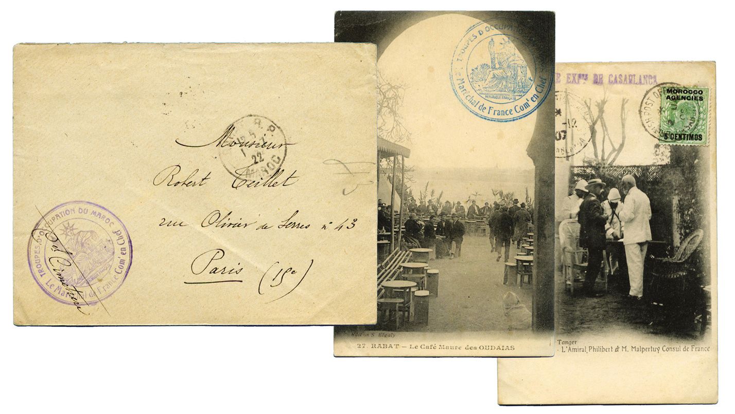 Maroc : Ensemble de 2 CPA obl. du bureau Anglais 1907, bureau français 10/AOUT/22 + enveloppe avec Càd RABAT R.P. 1/7/22 + cachet violet TROUPE D´OCCUPATION DU MAROC Maroc : Ensemble de 2 CPA obl. du bureau Anglais 1907, bureau français 10/AOUT/22 + enveloppe avec Càd RABAT R.P. 1/7/22 + cachet violet TROUPE D´OCCUPATION DU MAROC