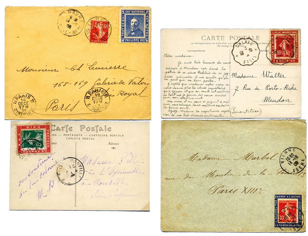 France : Ensemble de 2 CPA et 2 enveloppes avec PORTE-TIMBRES DIEU PROTEGE LA FRANCE, LIGUE MARITIME FRANCAISE, GUERRE A L´ALCOOL et PHILIPPE VII.