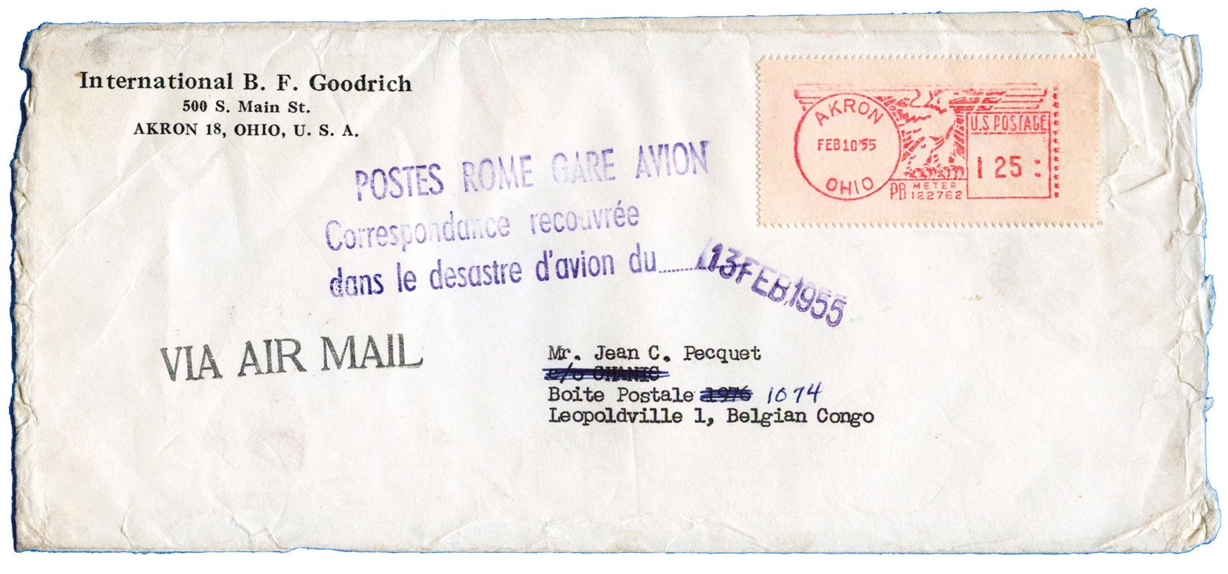 États-Unis : Pli accidenté de 1955 avec griffe violette POSTE ROME GARE AVION / Correspondance recouvrée dans le désastre d´avion du 13 FEB 1955.