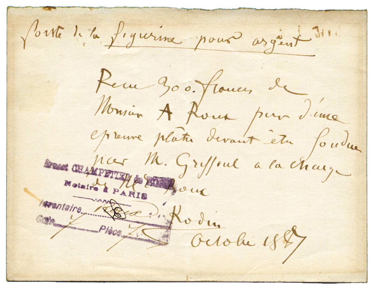 France : A. RODIN (1840-1917), sculpteur français. Reçu autographe signé de 300 francs de Monsieur A. ROUX