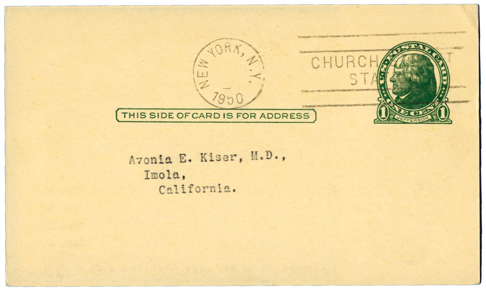États-Unis : Entier Postal 1c. vert obl. de NEW-YORK pour IMOLA (Californie)