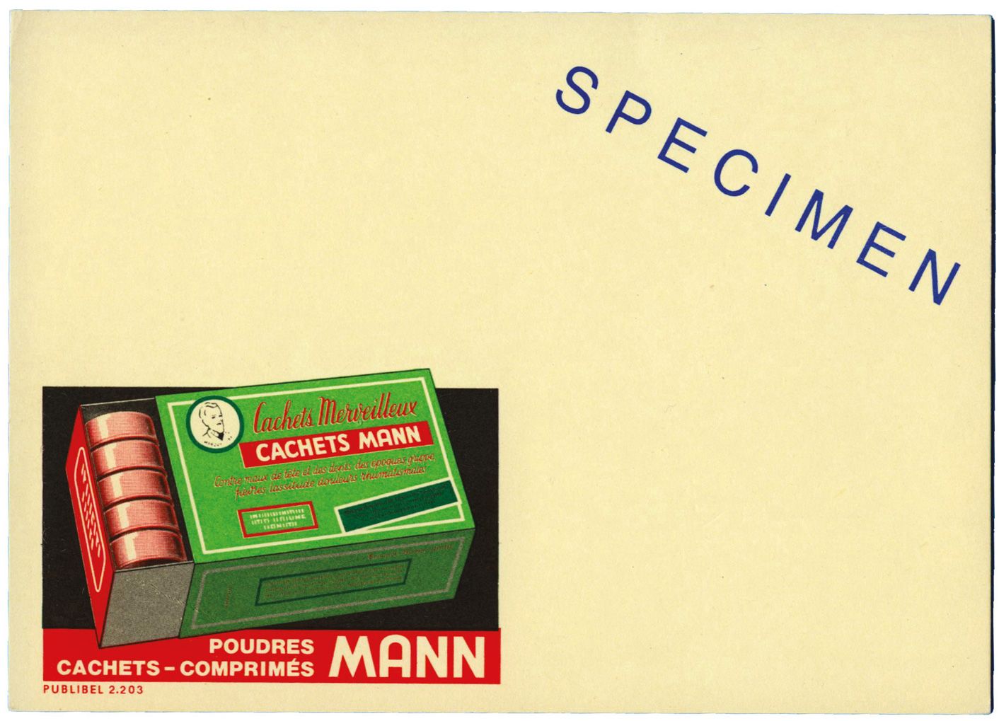 Belgique : Carte Postale en couleur avec publicité PUBLIBEL cachets-comprimés-poudres MANN (circa 1965)