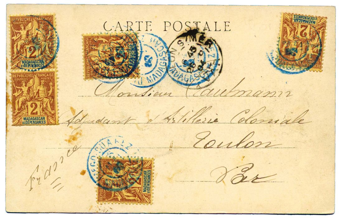 Madagascar : CPA à 10 c. obl. de DIEGO SUAREZ pour TOULON avec arrivée (1904)
