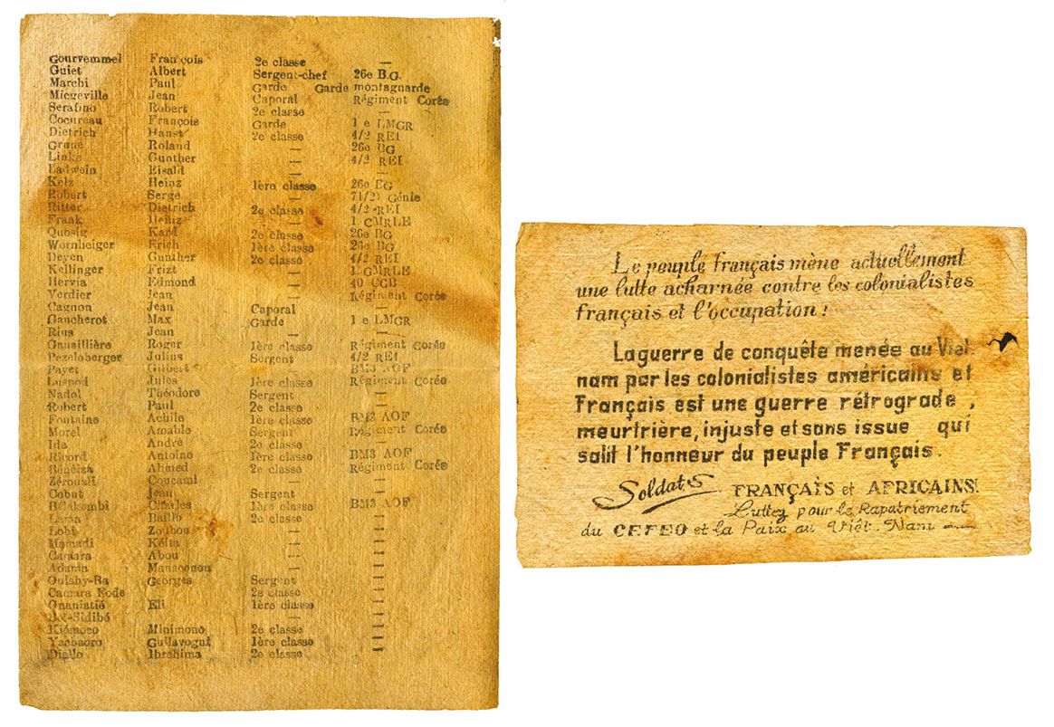Vietnam : Guerre au VIETNAM. Ensemble de 2 tracts américains et français contre la Guerre au Vietnam appelant les peuples Français et Africain à lutter pour le rapatriement du CEFEO et la PAIX au Viet