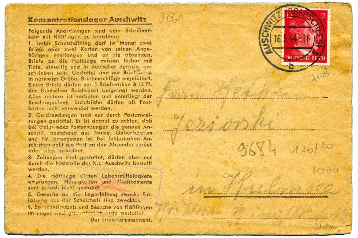 Allemagne : n° 710B obl. d´AUSCHWITZ 16/5/44 sur dépliant postal du camp de concentration d´AUSCHWITZ