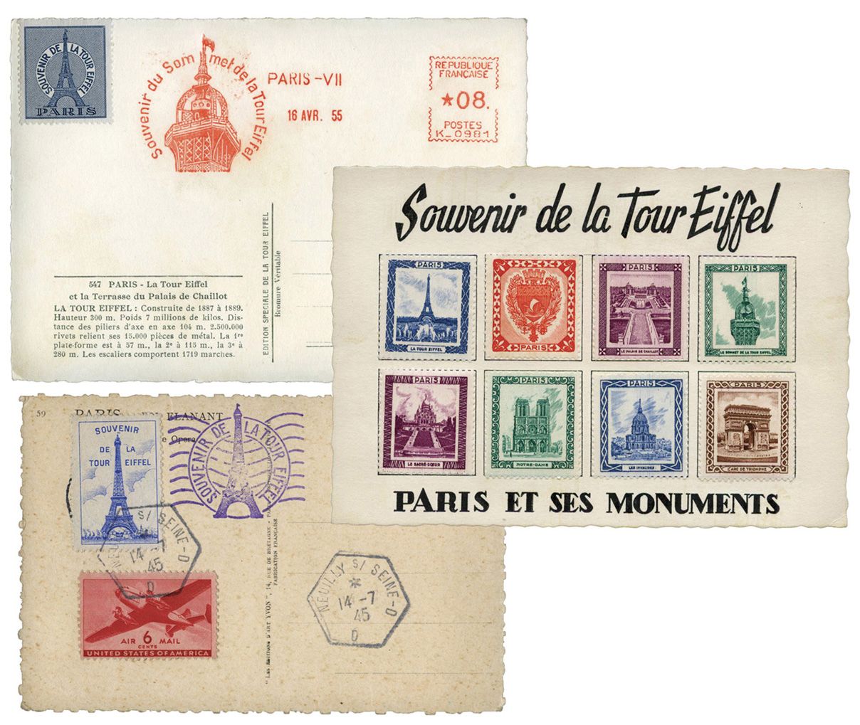 France : Souvenir de la Tour EIFFEL. Ensemble de 3 CP avec vignettes de la TOUR EIFFEL France : Souvenir de la Tour EIFFEL. Ensemble de 3 CP avec vignettes de la TOUR EIFFEL