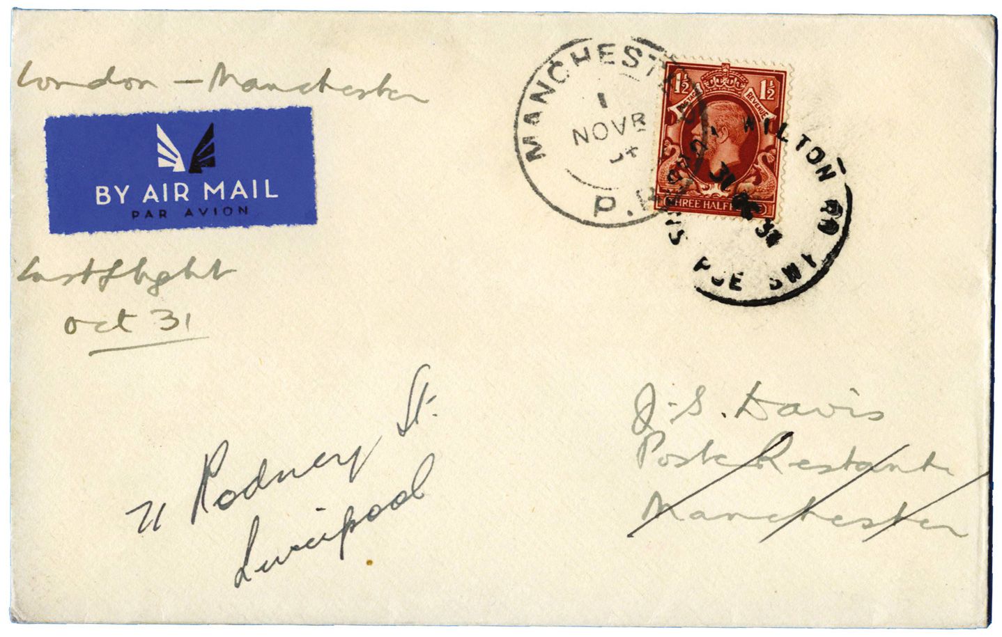 Grande-Bretagne : Lettre postée à LONDRES le 31 oct. 1934 pour MANCHESTER