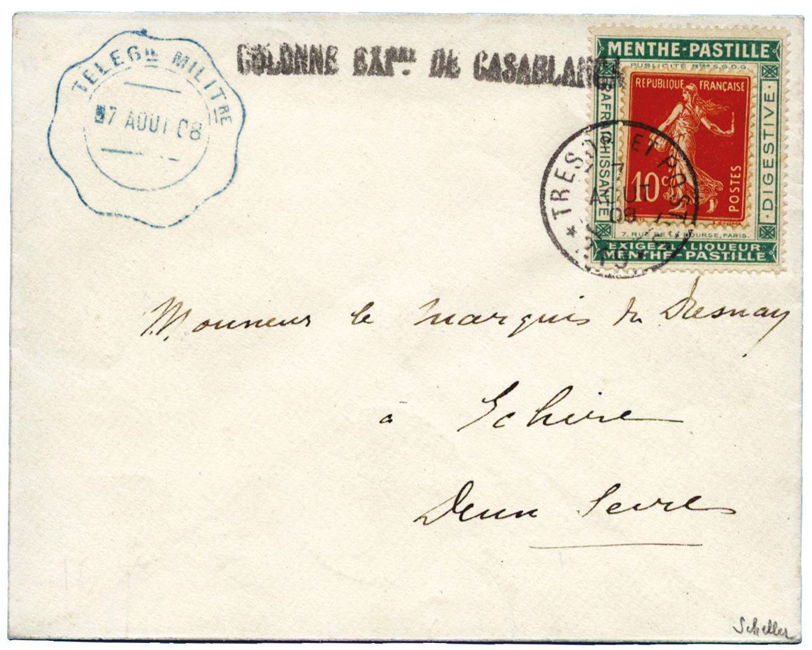 France : n° 138 sur porte-timbre MENTHE-PASTILLE obl. TRESOR ET POSTES-219-7/AOUT/08 + cachet TELEGR MILITAIRE en bleu et griffe COLONNE DE CASABLANCA