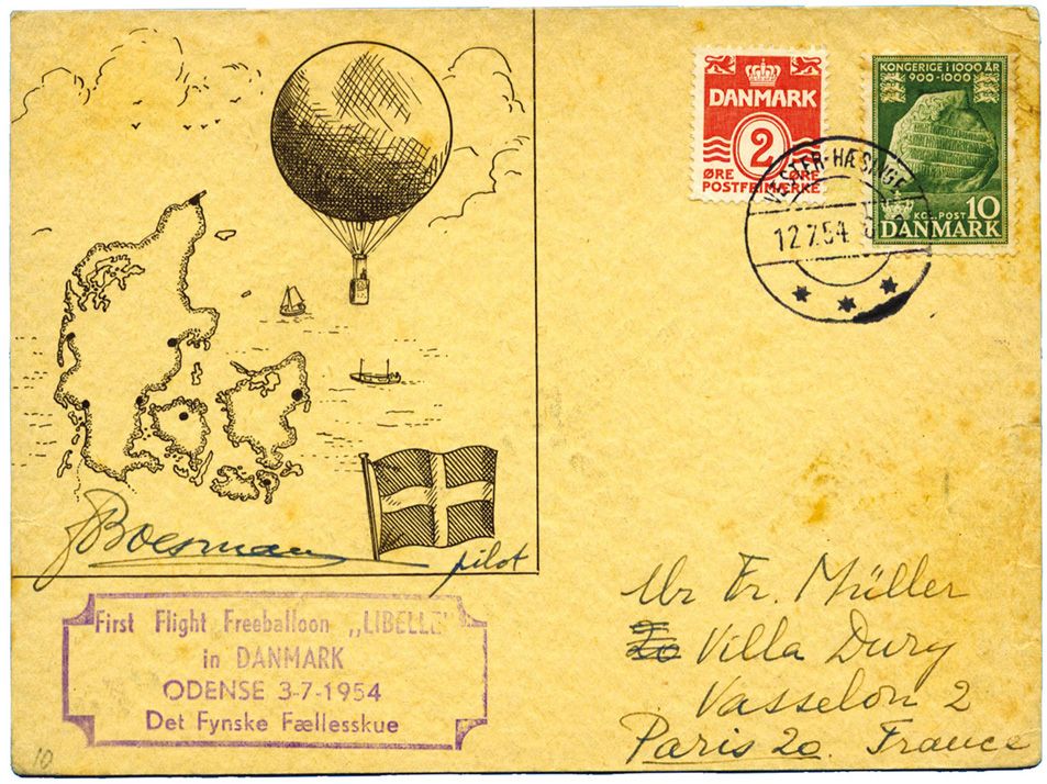 Danemark : Carte de M. Franck MULLER transportée par le ballon  LIBELLE au dessus du Danemark.