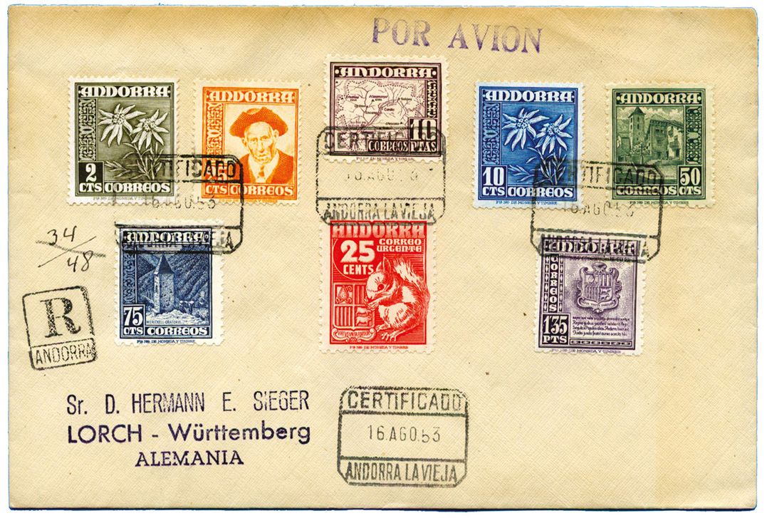 Andorre Espagnole : Affranchissement composé obl. en Rec. d´ ANDORRA LA VIEJA 16/AGO/53 Andorre Espagnole : Affranchissement composé obl. en Rec. d´ ANDORRA LA VIEJA 16/AGO/53
