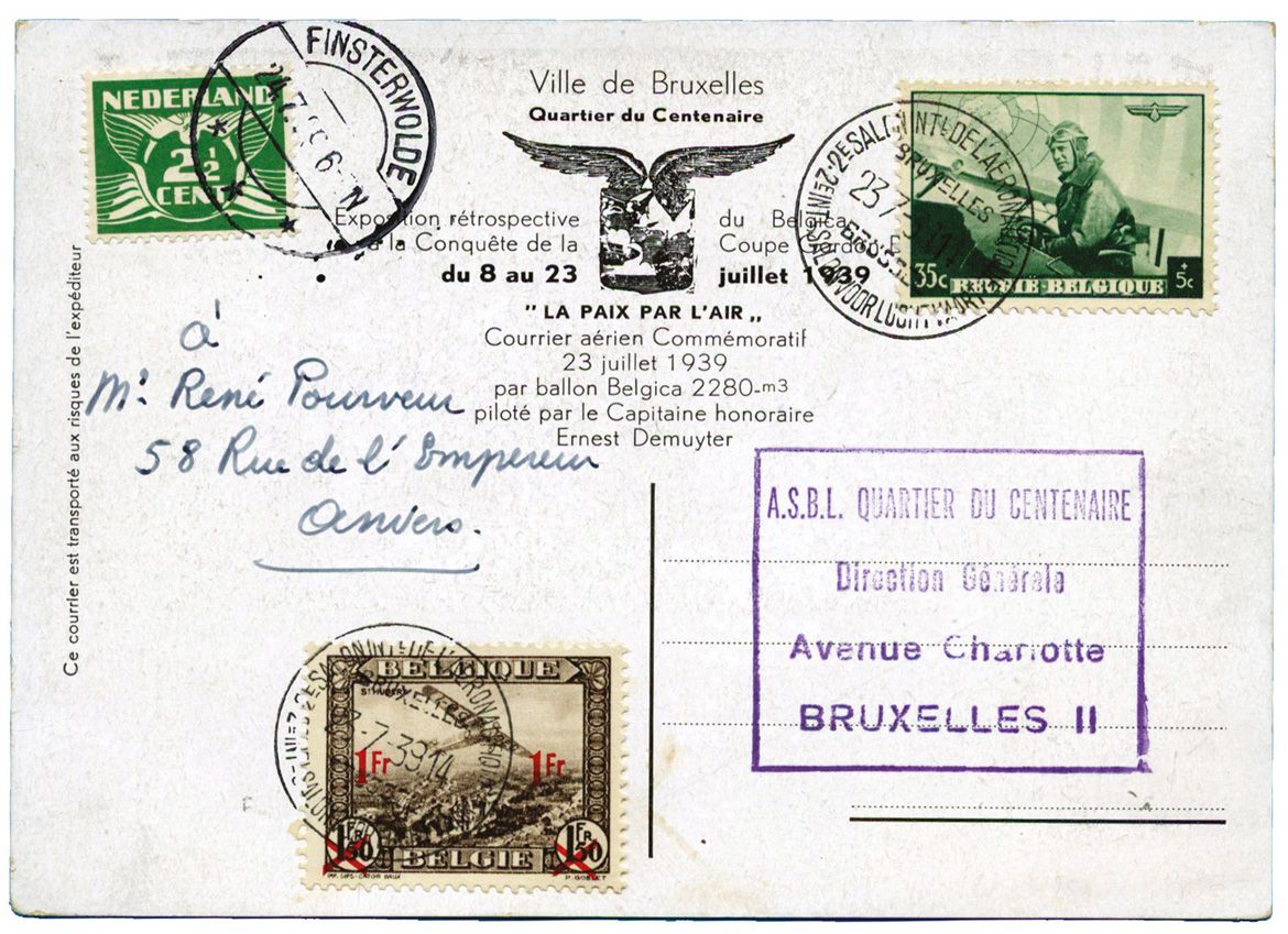 Belgique : Coupe Gordon Bennett, affranchissement mixte BELGIQUE BRUXELLES 23/7/39 + PAYS-BAS Càd. FINSTERWOLDE 24/7/39