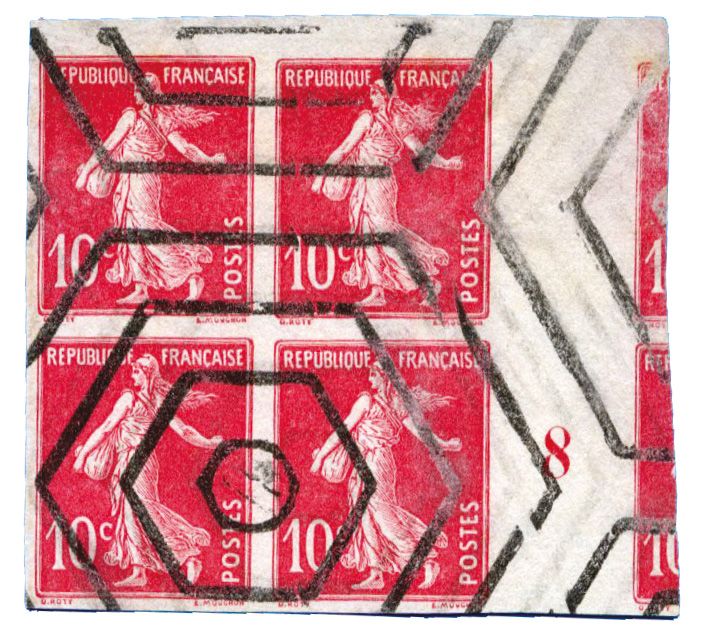 France : n° 138(*) bloc de 4 ND annulé hex., en rose avec mill. 8.