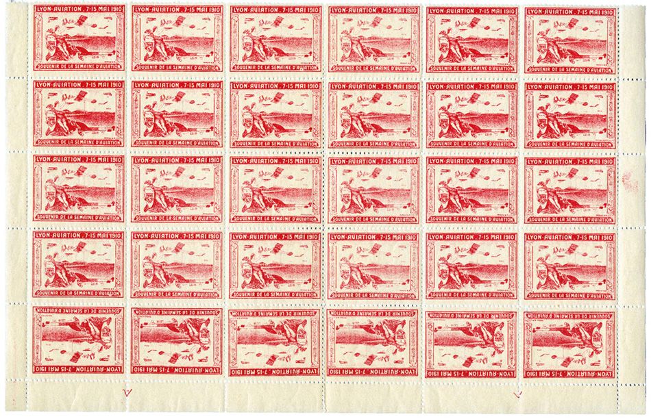 France : LYON AVIATION 7/MAI/1910. Panneau de 30 timbres dont 6 paires tête-bêche**