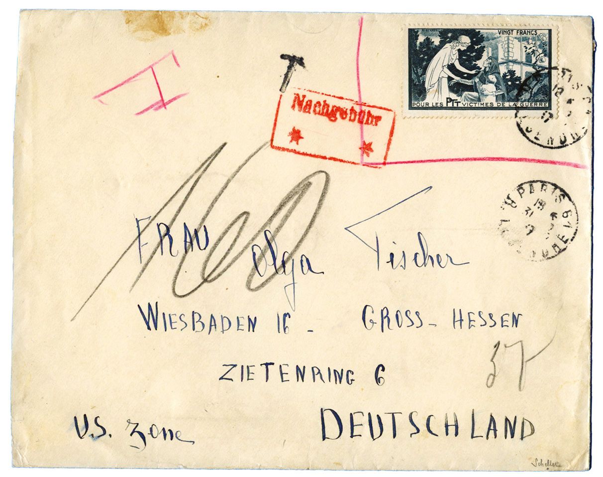 France : Vignette de VINGT FRANCS pour les victimes de la guerre et utilisée postalement de PARIS pour la Zone U.S. en Allemagne