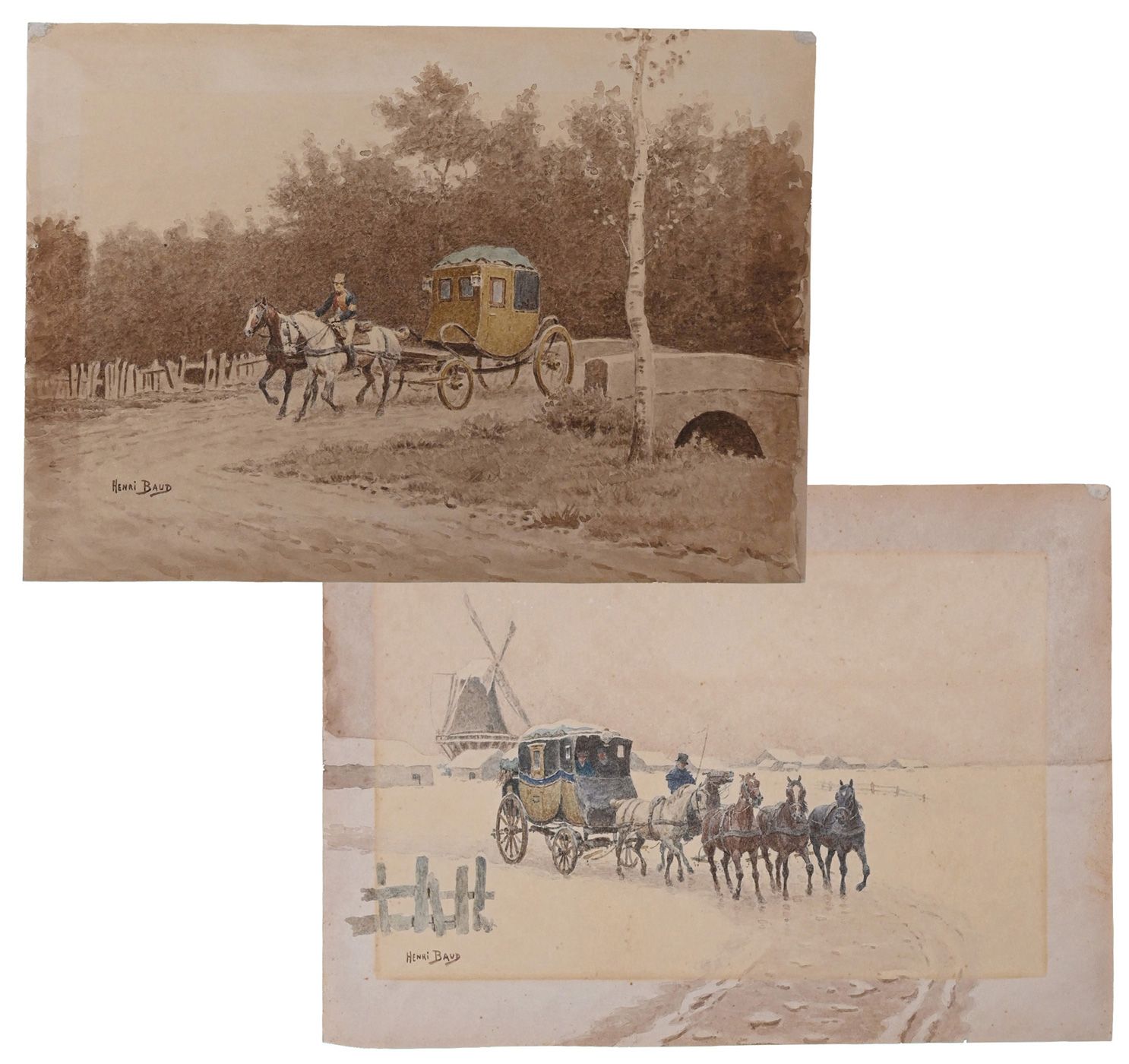 France : PREMIER EMPIRE ET MALLE POSTE AVANT 1860. Paire d´aquarelles d´Henri BAUD.