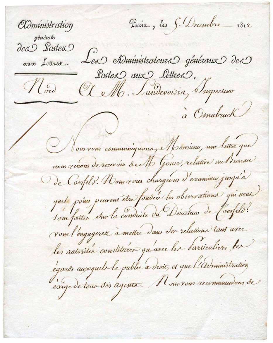 France : Lettre à en-tête imprimée Administration générale des Postes au Lettres/Les administrateurs Généraux