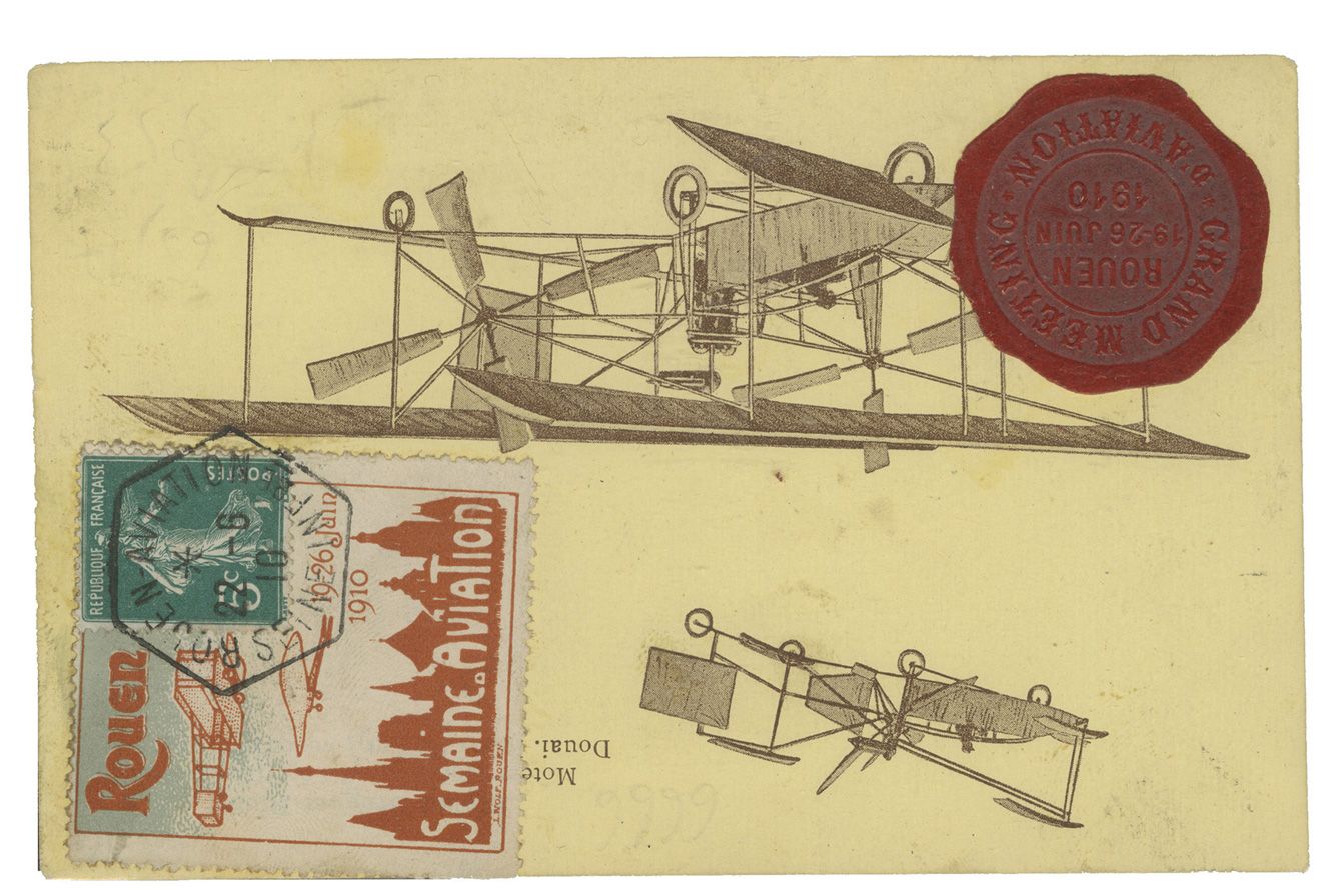 France : n° 137 obl. + vignette du Meeting de Rouen sur carte postale